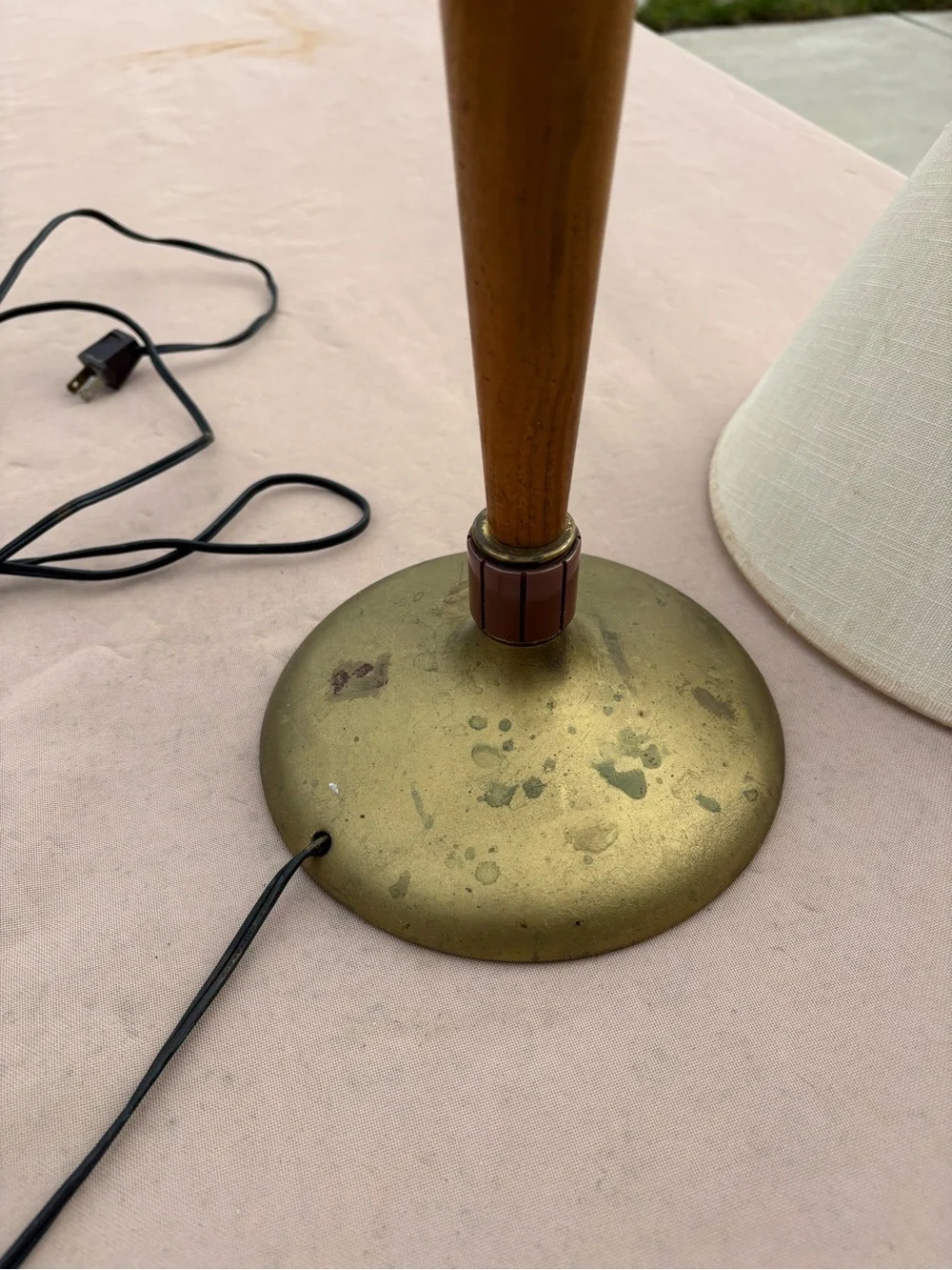Mid-Century Style Wood & Brass Table Lamp with Cream Shade
